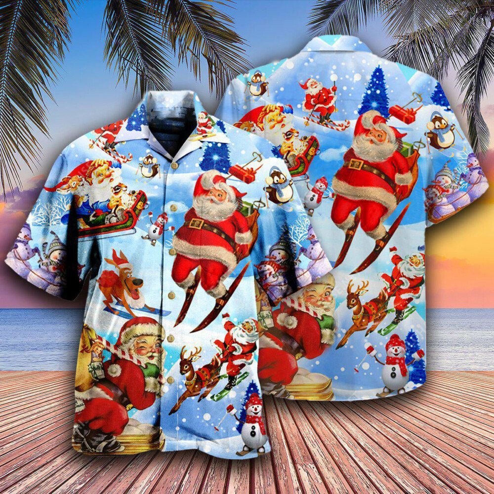 Christmas Skiing Santa Claus In Blue - Hawaiian Shirt - Owl Ohh - Owl Ohh