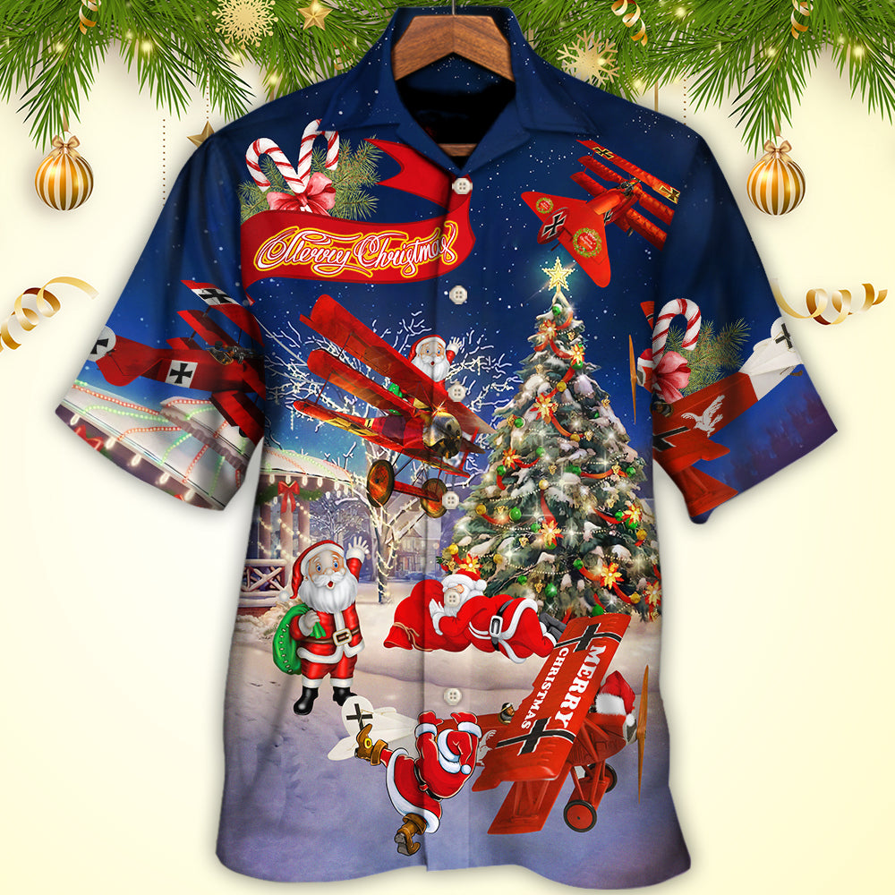 Christmas No Reindeer Any More Santa Loves Airplane In Blue - Hawaiian Shirt - Owl Ohh - Owl Ohh
