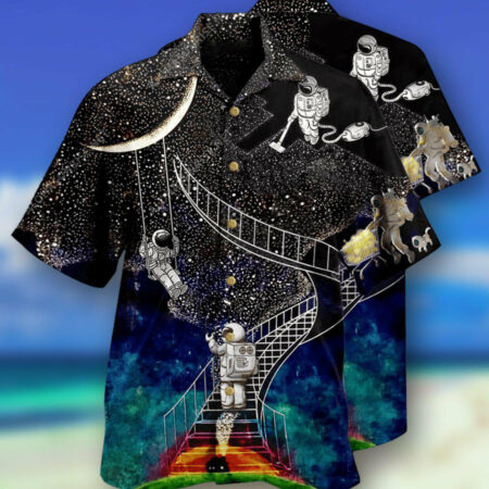 Astronaut Galaxy Climbing To The Moon - Hawaiian Shirt - Owl Ohh - Owl Ohh