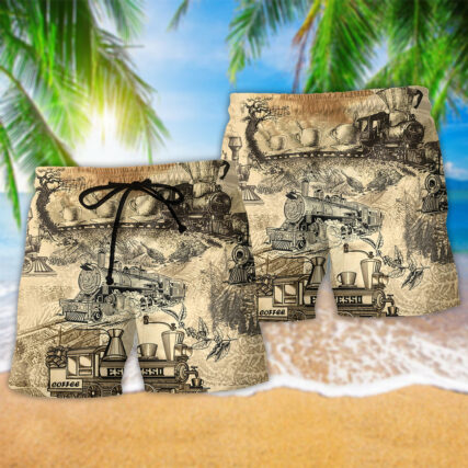 Coffee A Cup Of Coffee On The Train Retro - Beach Short - Owl Ohh - Owl Ohh
