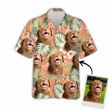 Custom Hawaiian Shirt For Dog Lovers | Personalized Puppy Lovers Gift | Leaves & Flowers Pattern Carrot Color Aloha Shirt