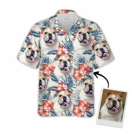 Custom Hawaiian Shirt For Dog Lovers | Personalized Puppy Lovers Gift | Leaves & Flowers Pattern White Color Aloha Shirt