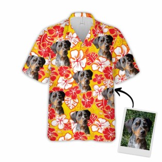 Custom Hawaiian Shirt With Pet Face | Personalized Gift For Pet Lovers | Leaves & Flowers Pattern Yellow Color Aloha Shirt