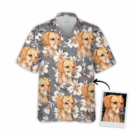 Custom Hawaiian Shirt With Pet Face | Personalized Gift For Pet Lovers | Watercolor Flower Gray Color Aloha Shirt