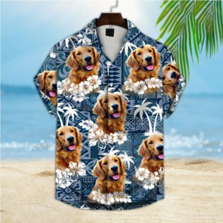 Custom Hawaiian Shirt With Pet Face | Personalized Gift For Pet Lovers | Tapa Tribal, Vintage Flower And Leaves Dark Blue Color Aloha Shirt