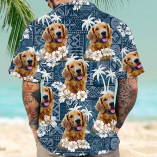 Custom Hawaiian Shirt With Pet Face | Personalized Gift For Pet Lovers | Tapa Tribal, Vintage Flower And Leaves Dark Blue Color Aloha Shirt