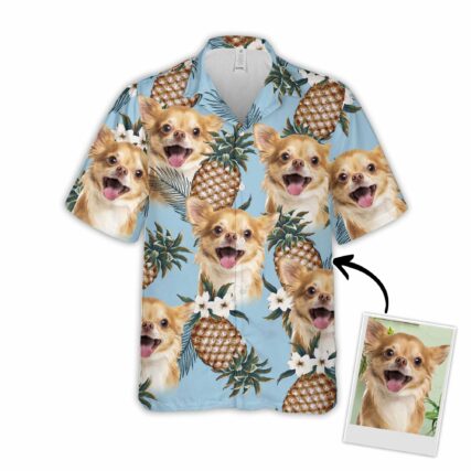 Custom Hawaiian Shirt With Pet Face | Personalized Gift For Pet Lovers | Pineapple Pattern Light Blue Color Aloha Shirt