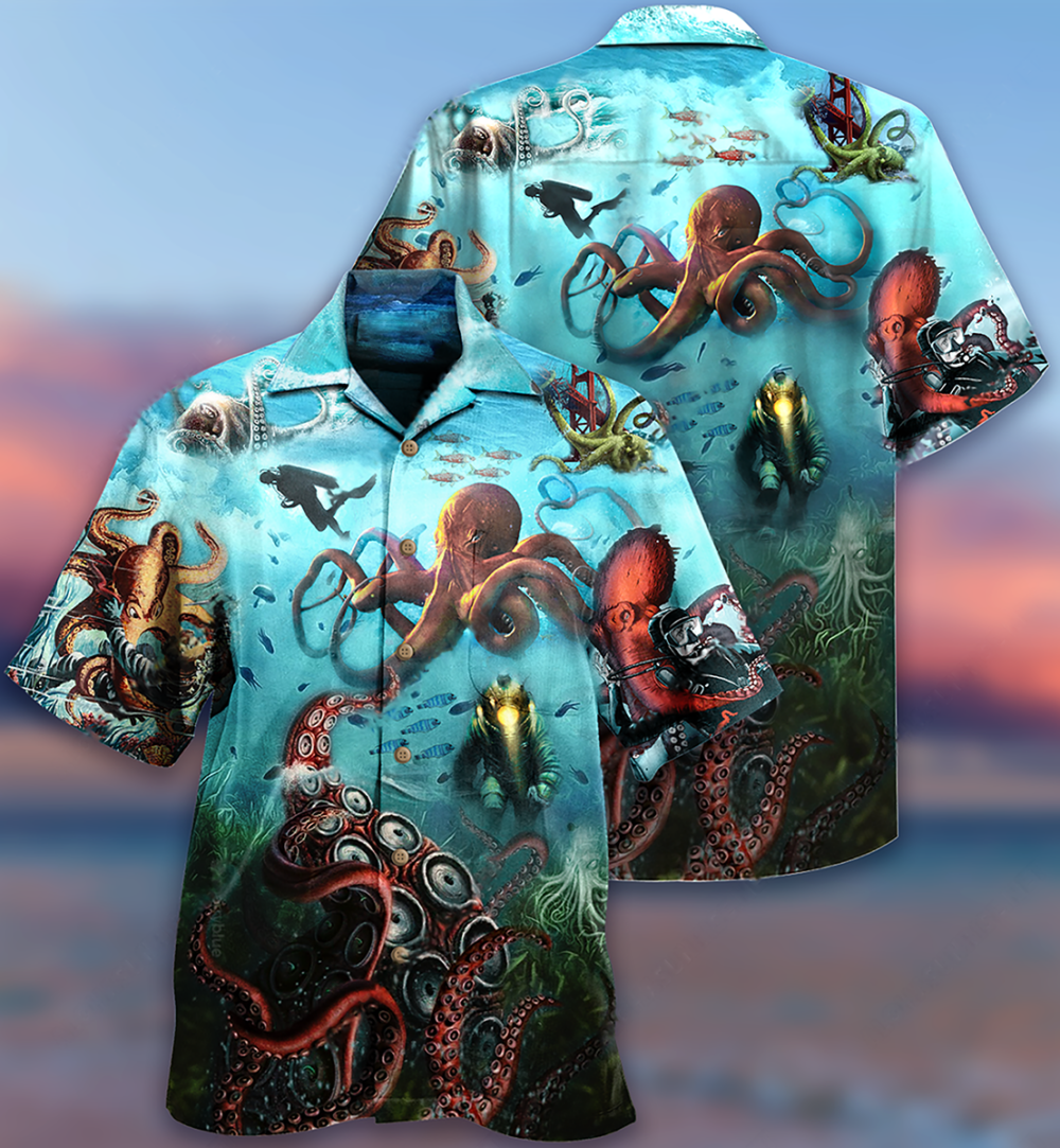 Octopus Giant And Diver - Hawaiian Shirt - Owl Ohh - Owl Ohh
