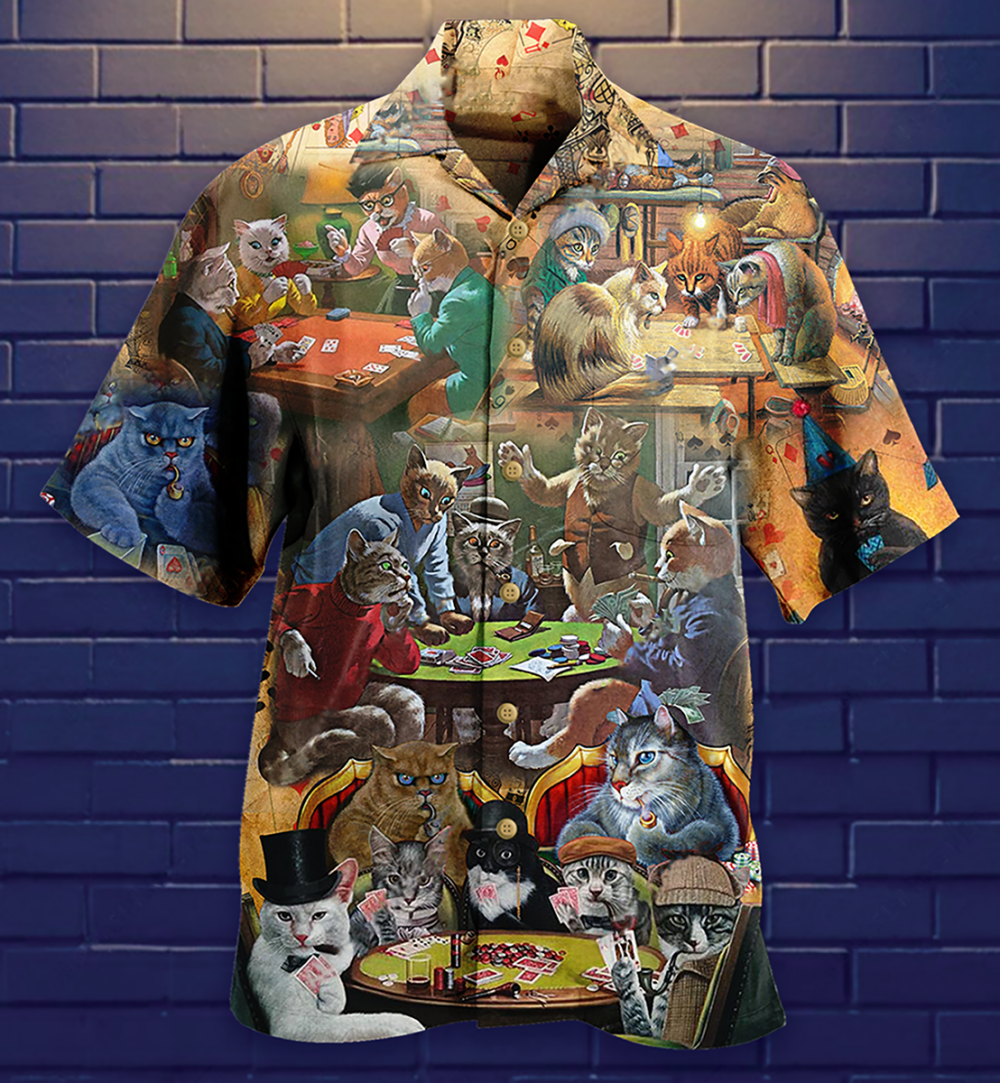 Cat Play Card Games - Hawaiian Shirt - Owl Ohh - Owl Ohh
