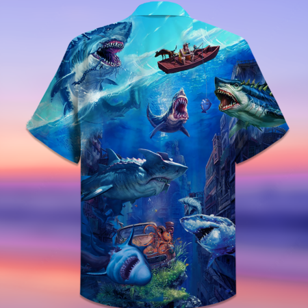 Shark Fishing Shark With Small Ship Blue Ocean - Hawaiian Shirt - Owl Ohh - Owl Ohh