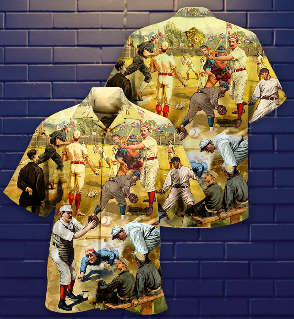 Baseball Hit Hard Run Fast Turn Left Vintage Style - Hawaiian Shirt - Owl Ohh - Owl Ohh