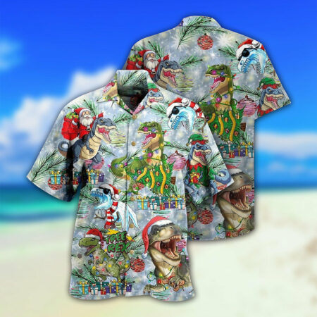 Dinosaur And Merry Christmas - Hawaiian Shirt - Owl Ohh - Owl Ohh