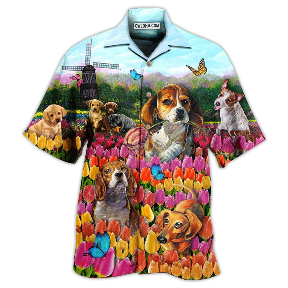 Dogs Lovely Romantic Tulip Garden - Hawaiian Shirt - Owl Ohh - Owl Ohh