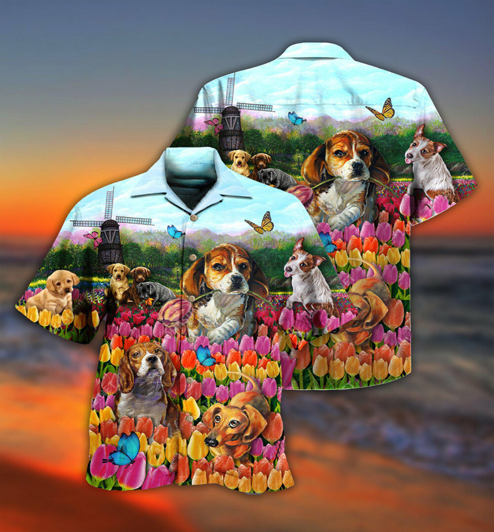 Dogs Lovely Romantic Tulip Garden - Hawaiian Shirt - Owl Ohh - Owl Ohh