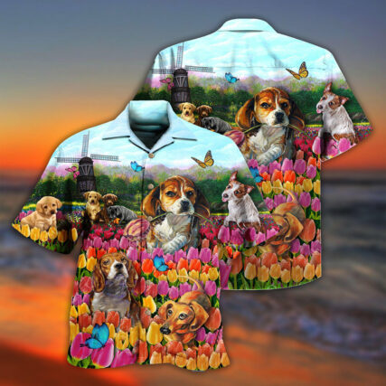 Dogs Lovely Romantic Tulip Garden - Hawaiian Shirt - Owl Ohh - Owl Ohh