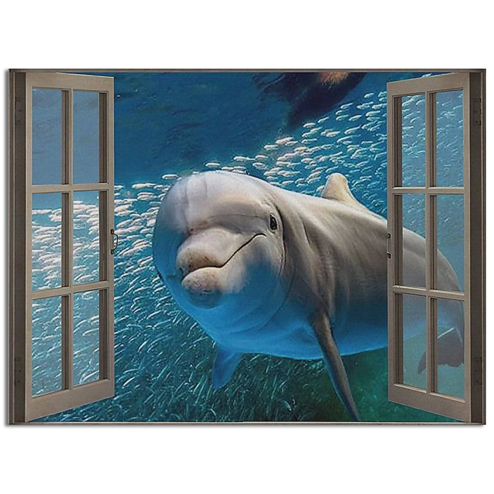 Dolphin Hello Window Style Blue Sea - Horizontal Poster - Owl Ohh - Owl Ohh
