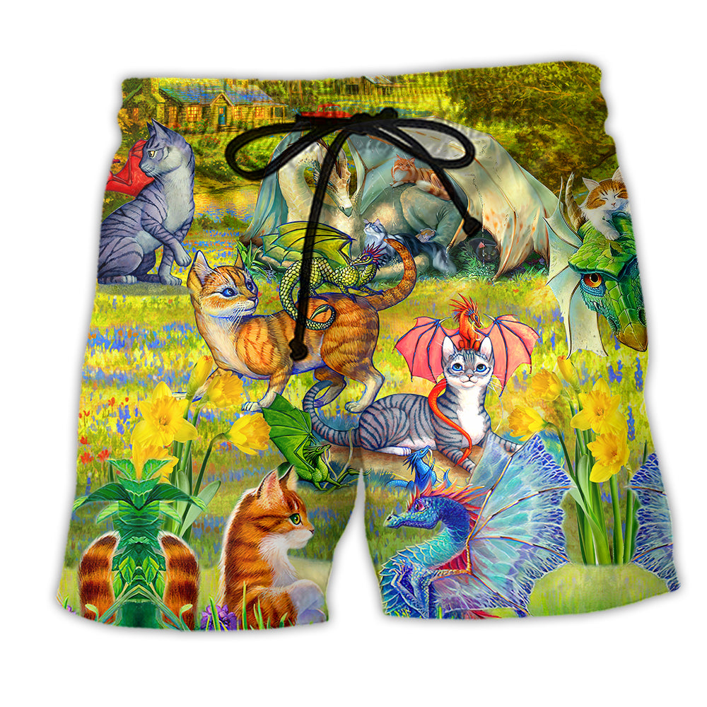 Dragon And Cats Love Life Floral - Beach Short - Owl Ohh - Owl Ohh