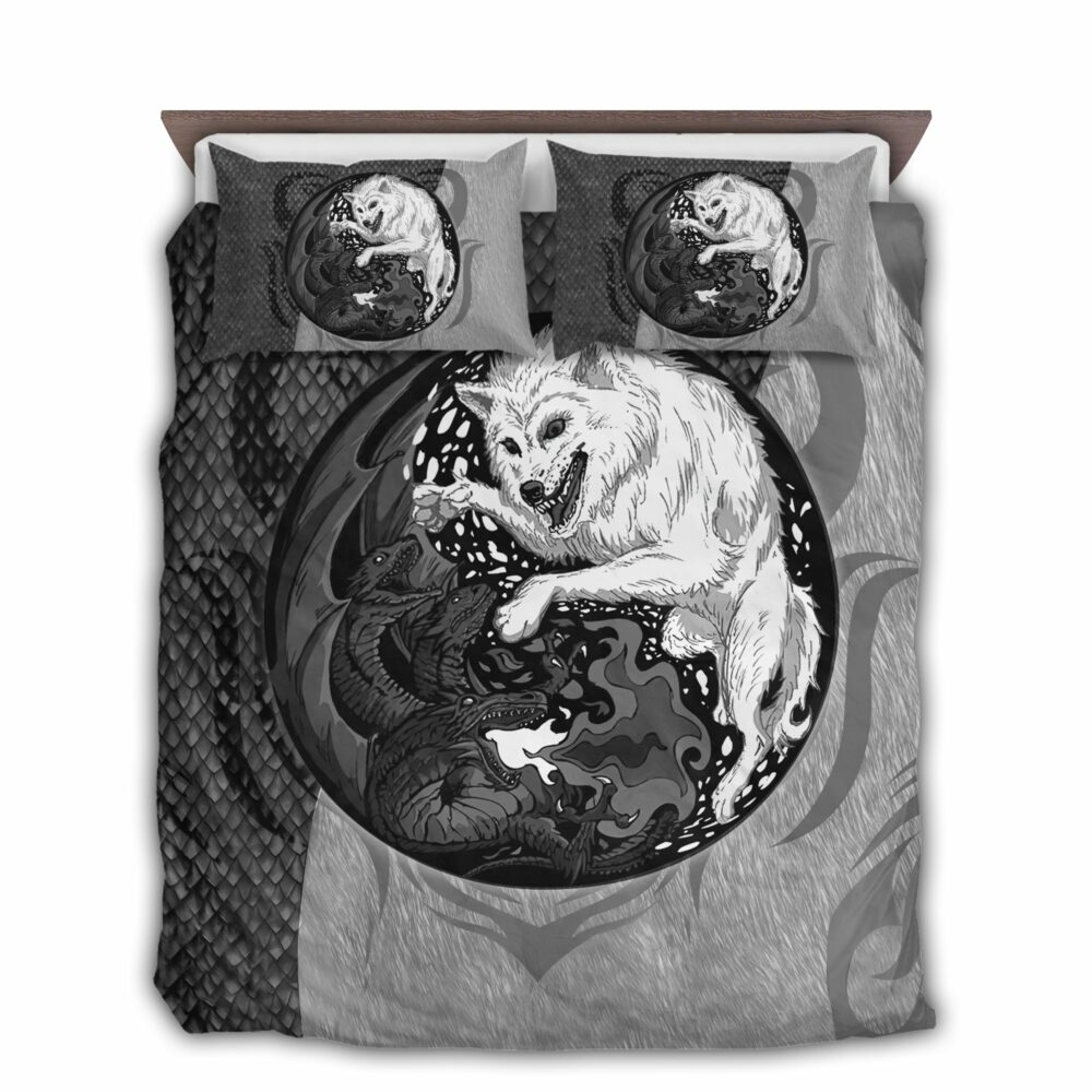 Dragon And Wolf Black And White Style - Bedding Cover - Owl Ohh - Owl Ohh