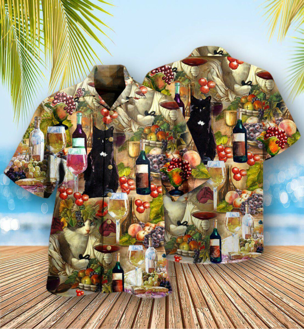 Wine Drinking Wine Feeling Fine Cats - Hawaiian Shirt - Owl Ohh - Owl Ohh
