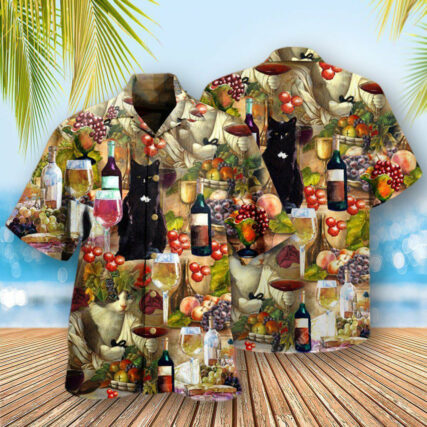 Wine Drinking Wine Feeling Fine Cats - Hawaiian Shirt - Owl Ohh - Owl Ohh