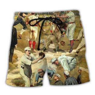 Baseball Hit Hard Run Fast Turn Left Vintage Baseball Player - Beach Short - Owl Ohh - Owl Ohh