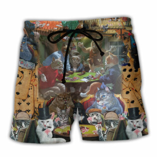 Cat Play Card Games Cool Style - Beach Short - Owl Ohh - Owl Ohh