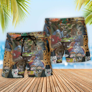 Cat Play Card Games Cool Style - Beach Short - Owl Ohh - Owl Ohh
