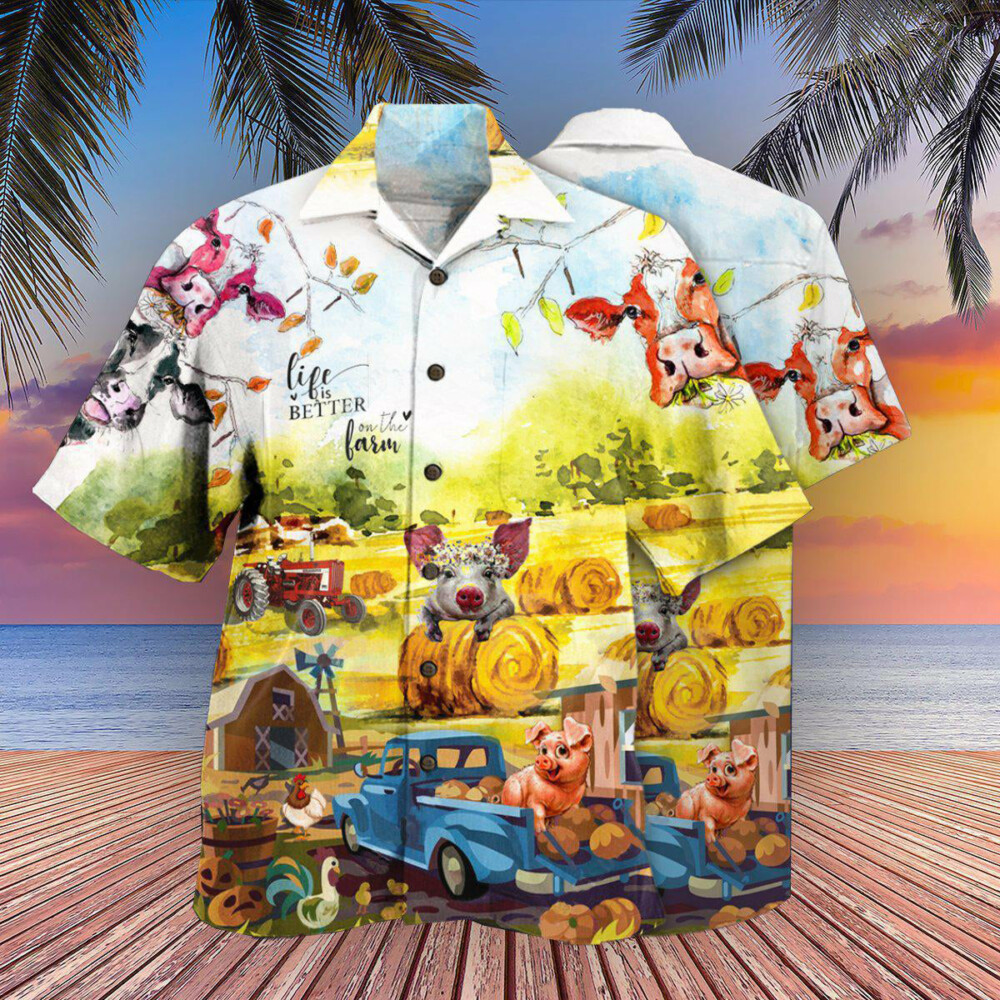 Farm Happy With Cow And Pig - Hawaiian Shirt - Owl Ohh - Owl Ohh