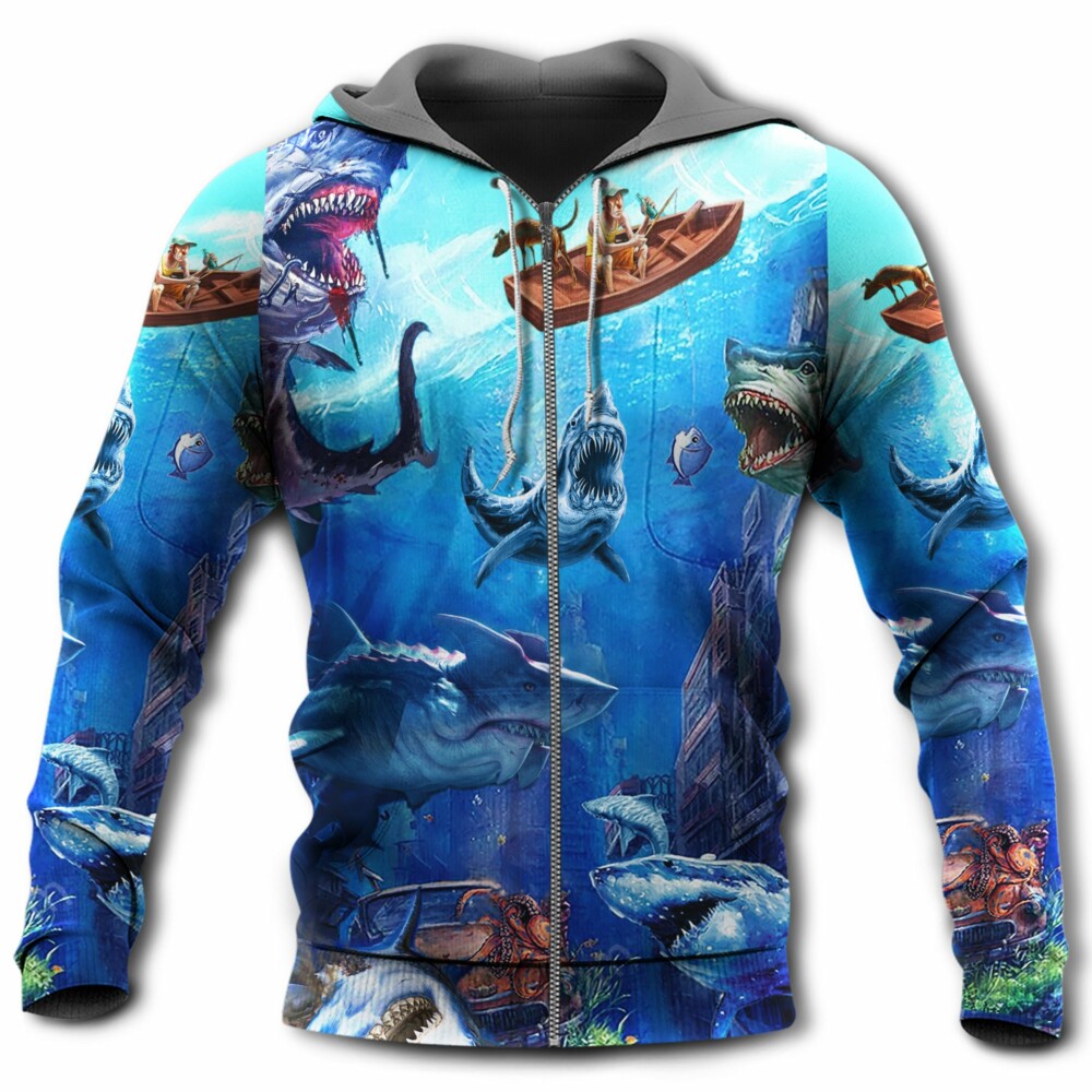 Fishing Shark With Small Ship - Hoodie - Owl Ohh - Owl Ohh