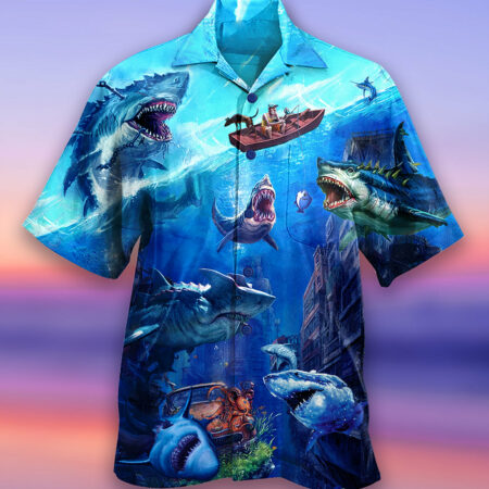 Shark Fishing Shark With Small Ship Blue Ocean - Hawaiian Shirt - Owl Ohh - Owl Ohh
