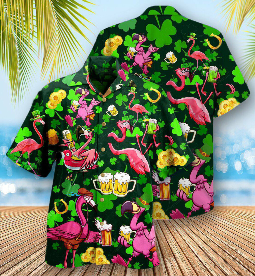 Irish Pink Flamingos Drink Beer Patricks Day Pattern - Hawaiian Shirt - Owl Ohh - Owl Ohh