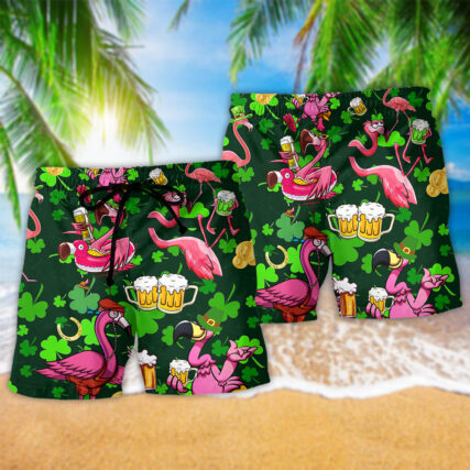 Flamingos Drink Beer Patricks Day Pattern - Beach Short - Owl Ohh - Owl Ohh