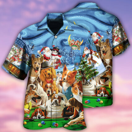 Billiard Vintage Dogs Playing Pool Merry Christmas - Hawaiian Shirt - Owl Ohh - Owl Ohh