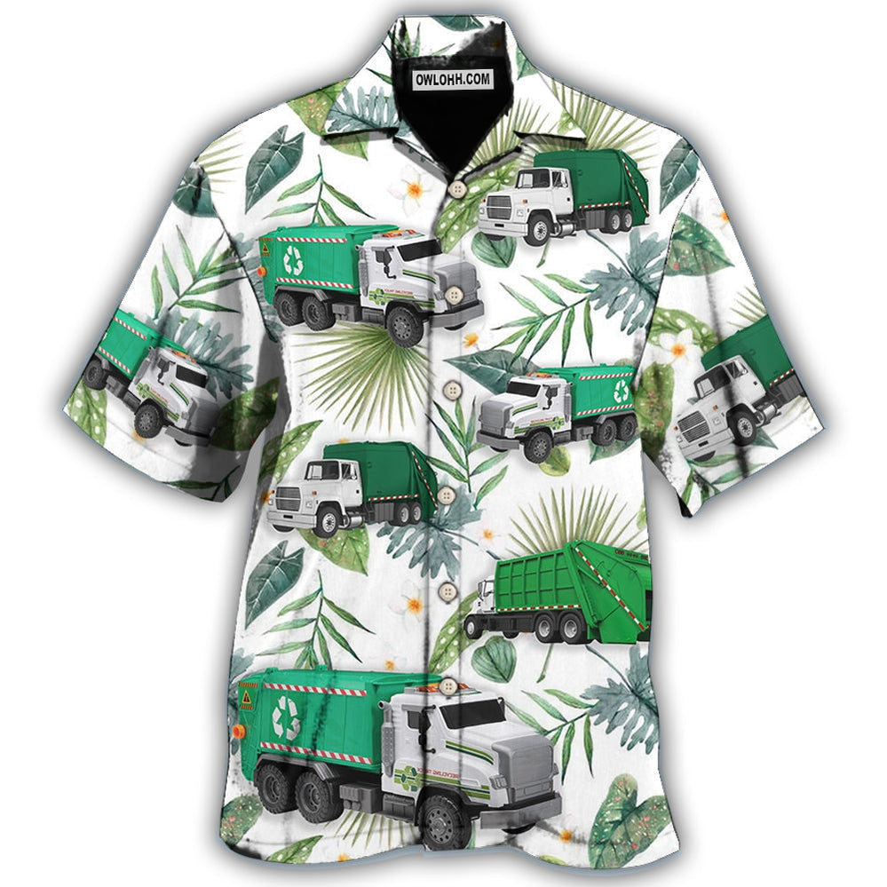 Truck Garbage Truck Tropical Green Leaf - Hawaiian Shirt - Owl Ohh - Owl Ohh