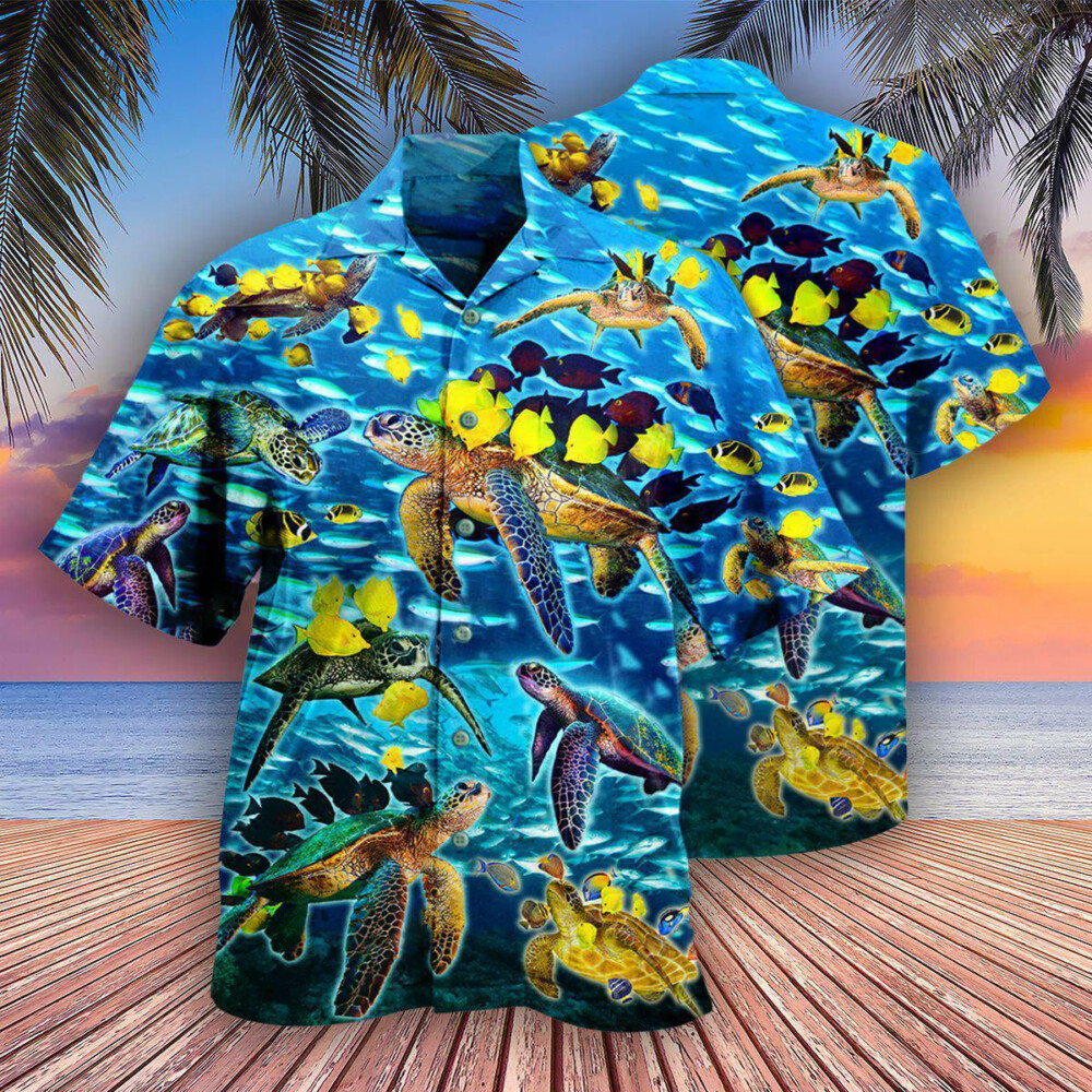 Turtle Go With The Flow Turtles And Fish Blue Ocean - Hawaiian Shirt - Owl Ohh - Owl Ohh