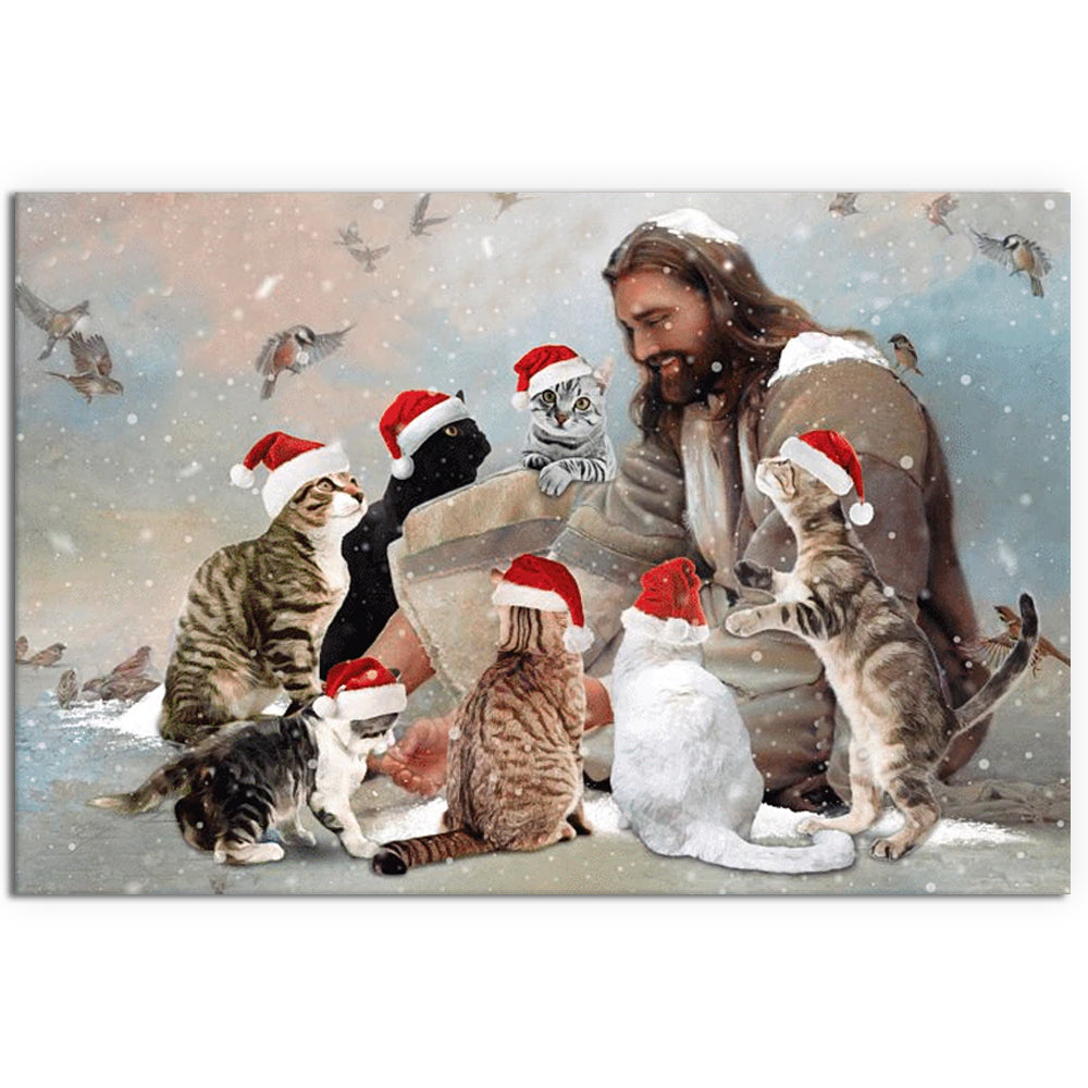 Jesus Surrounded By Cat Angels Christmas - Horizontal Poster - Owl Ohh - Owl Ohh