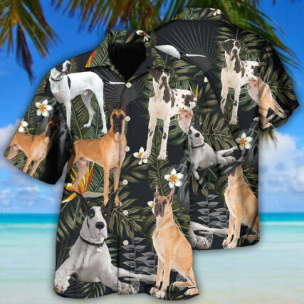 Great Dane Dog Tropical Leaf Black Style - Hawaiian Shirt - Owl Ohh - Owl Ohh