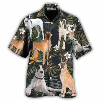 Great Dane Dog Tropical Leaf Black Style - Hawaiian Shirt - Owl Ohh - Owl Ohh