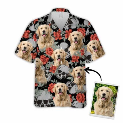 Custom Hawaiian Shirt With Pet Face | Personalized Gift For Pet Lovers | Grunge Human Skulls And Roses Pattern Aloha Shirt