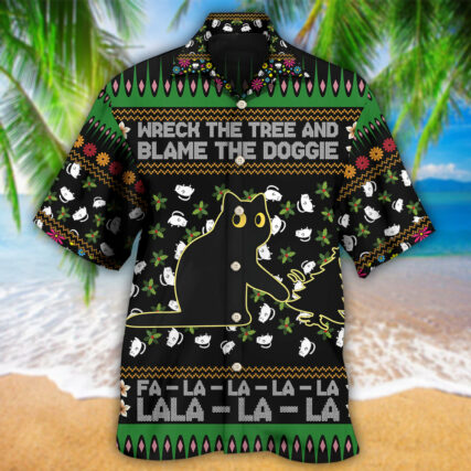 Black Cat Wreck The Tree And Blame The Doggie Merry Christmas - Hawaiian Shirt - Owl Ohh - Owl Ohh