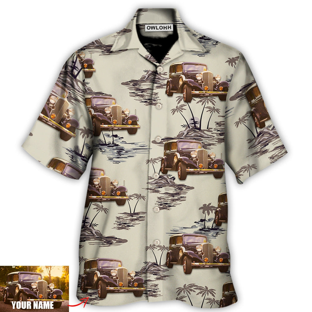 Vintage Car Deserted Island Pattern With Palm Trees Custom Photo - Hawaiian Shirt - Owl Ohh for men and women, kids - Owl Ohh