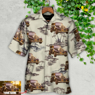 Vintage Car Deserted Island Pattern With Palm Trees Custom Photo - Hawaiian Shirt - Owl Ohh for men and women, kids - Owl Ohh