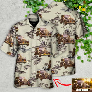 Vintage Car Deserted Island Pattern With Palm Trees Custom Photo - Hawaiian Shirt - Owl Ohh for men and women, kids - Owl Ohh