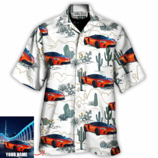 Car Desert With Mountains Blooming Cacti Opuntia And Saguaro Custom Photo - Hawaiian Shirt - Owl Ohh for men and women, kids - Owl Ohh