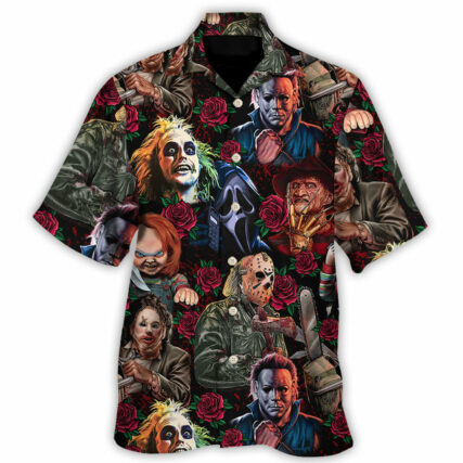 Horror Halloween Movie Characters Blood Scary Rose Pattern - Hawaiian Shirt - Owl Ohh-Owl Ohh