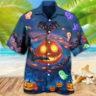 Halloween Glowing Pumpkins By Night With Bat - Hawaiian Shirt - Owl Ohh - Owl Ohh