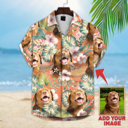 Custom Hawaiian Shirt For Dog Lovers | Personalized Puppy Lovers Gift | Leaves & Flowers Pattern Carrot Color Aloha Shirt
