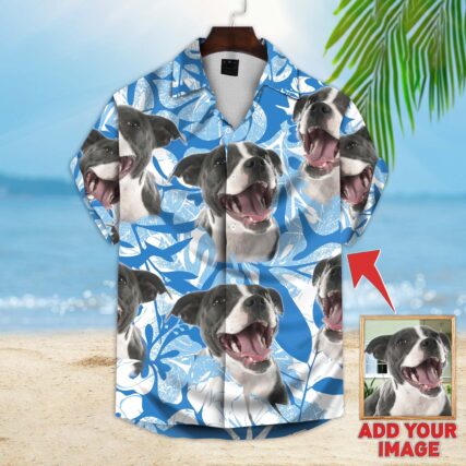Custom Hawaiian Shirt For Dog Lovers | Personalized Puppy Lovers Gift | Leaves & Flowers Pattern Blue Color Aloha Shirt