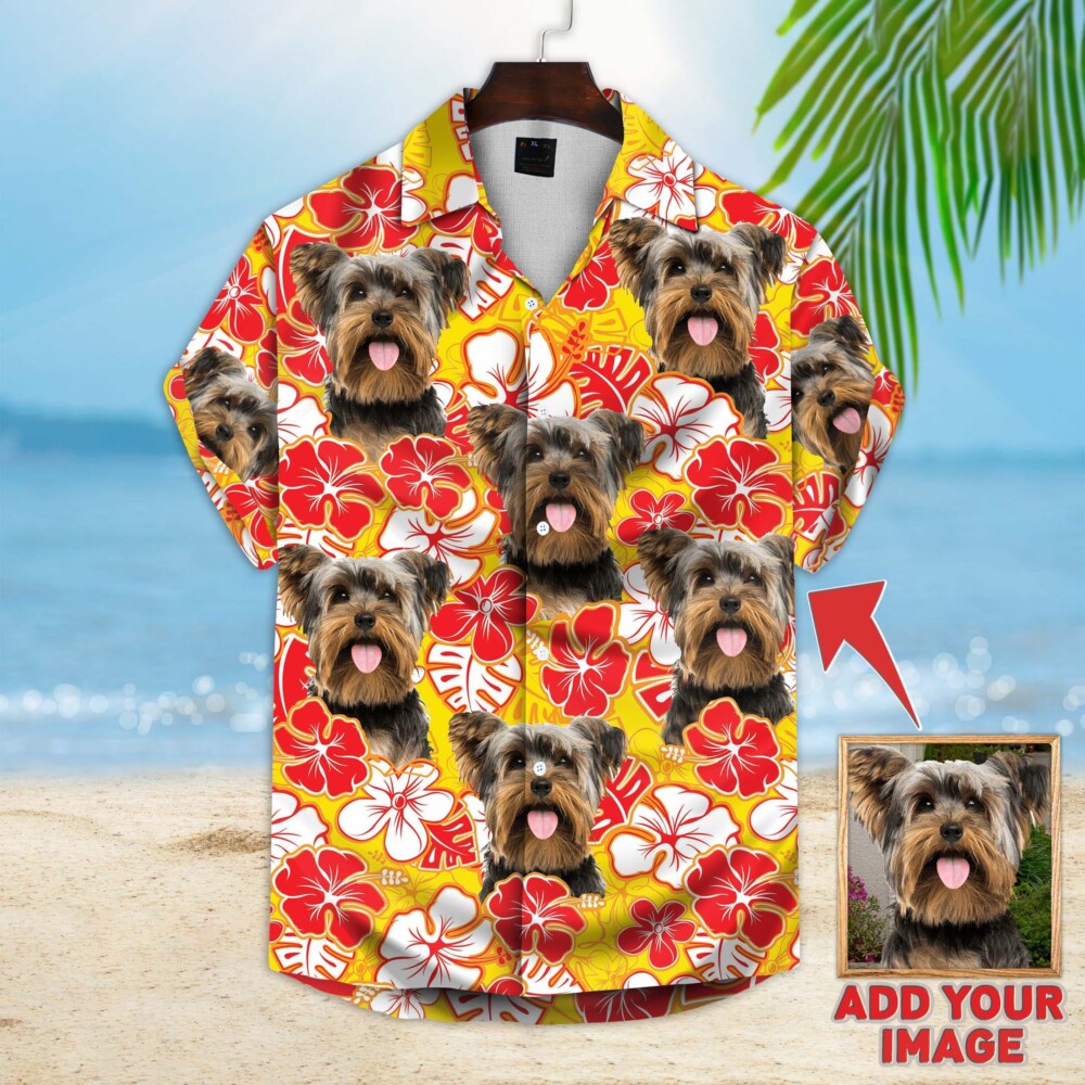 Custom Hawaiian Shirt With Pet Face | Personalized Gift For Pet Lovers | Leaves & Flowers Pattern Yellow Color Aloha Shirt