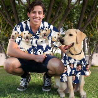 Custom Hawaiian Shirt With Pet Face | Personalized Gift For Pet Lovers | Funny Ghost Pattern Navy Color Aloha Shirt